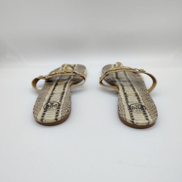 Tory Burch Miller Snakeskin Print Thong Sandals Gold Logo Size 6.5 - Picture 4 of 8